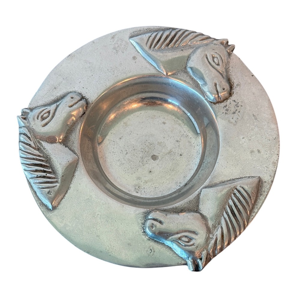 Handmade Pewter Horse Equestrian 7" Diameter Plate Tray Ashtray Made in Mexico